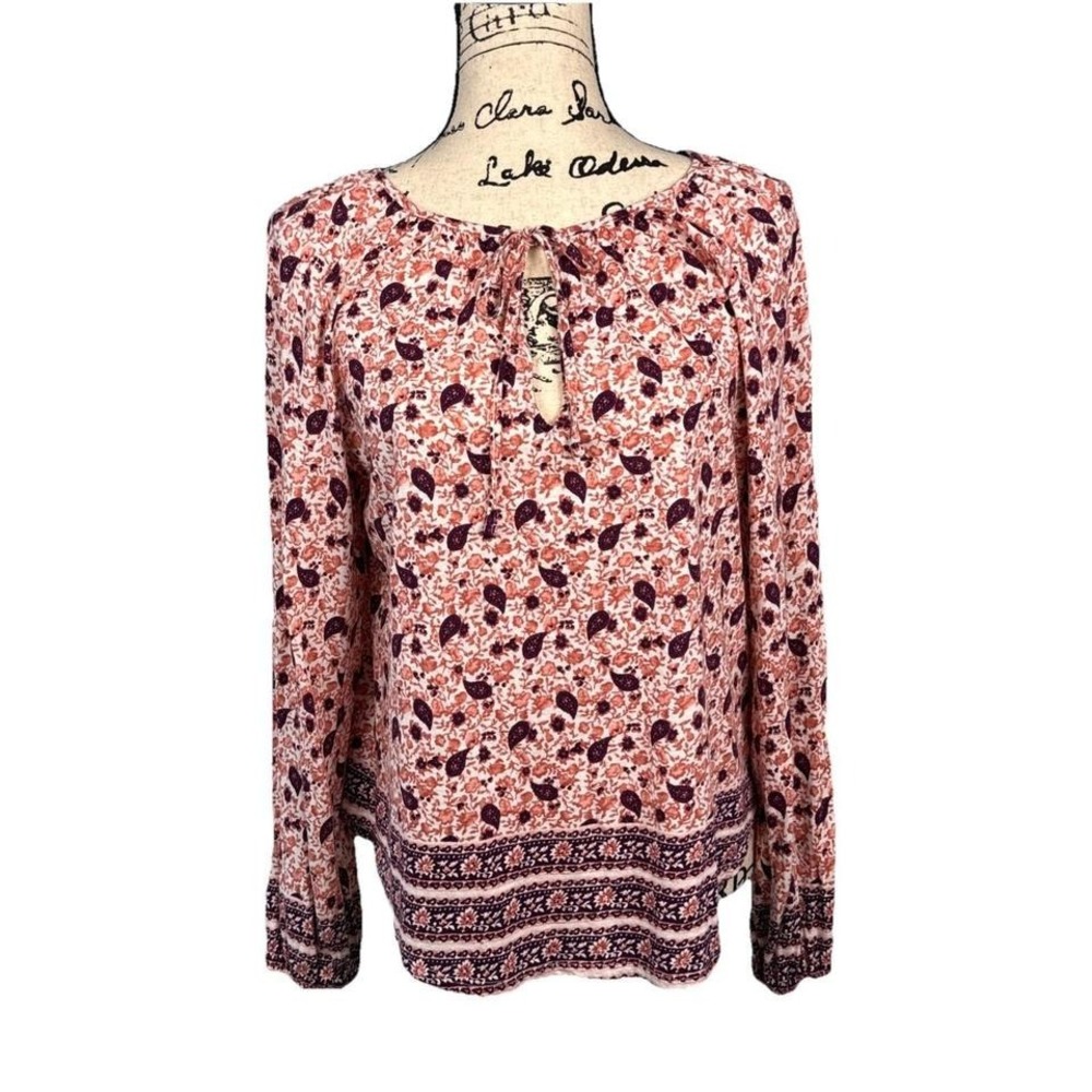 Boho Tunic Blouse Keyhole Neck Long Sleeve Sz Medium String Ties Casual Cozy - Picture 1 of 7